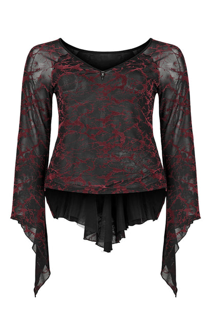 V Neck Stretch Mesh Abstract Pattern Flared Cuffs Plus Size Gothic Tee