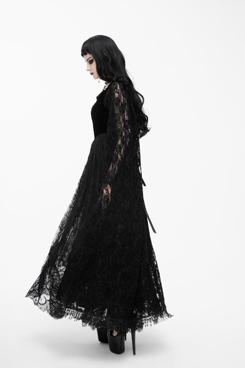 Gothic Women's Long Velvet Dress with Feather Flower Off-Collar and Lace Shawl