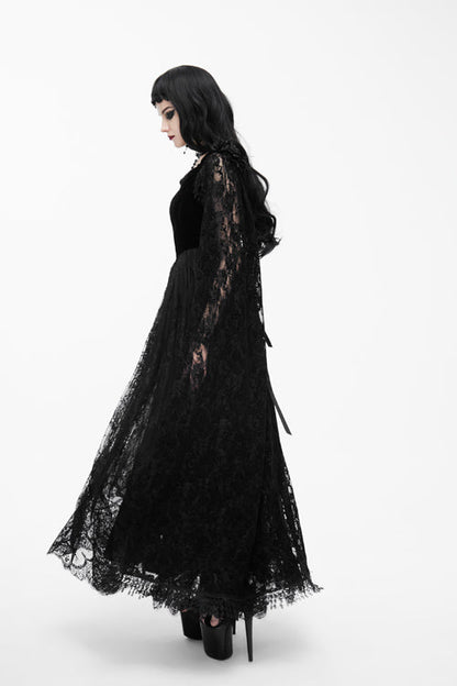 Gothic Women's Long Velvet Dress with Feather Flower Off-Collar and Lace Shawl