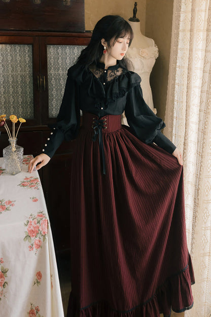 Black Red Long Sleeves High Waist Print Lace Gothic Vintage Lolita Dress Set