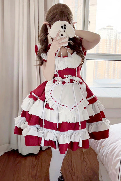 Scarlet and Ivory Love Double Layer Ruffle Bow Sweet Plus Size Chinese Lolita Dress