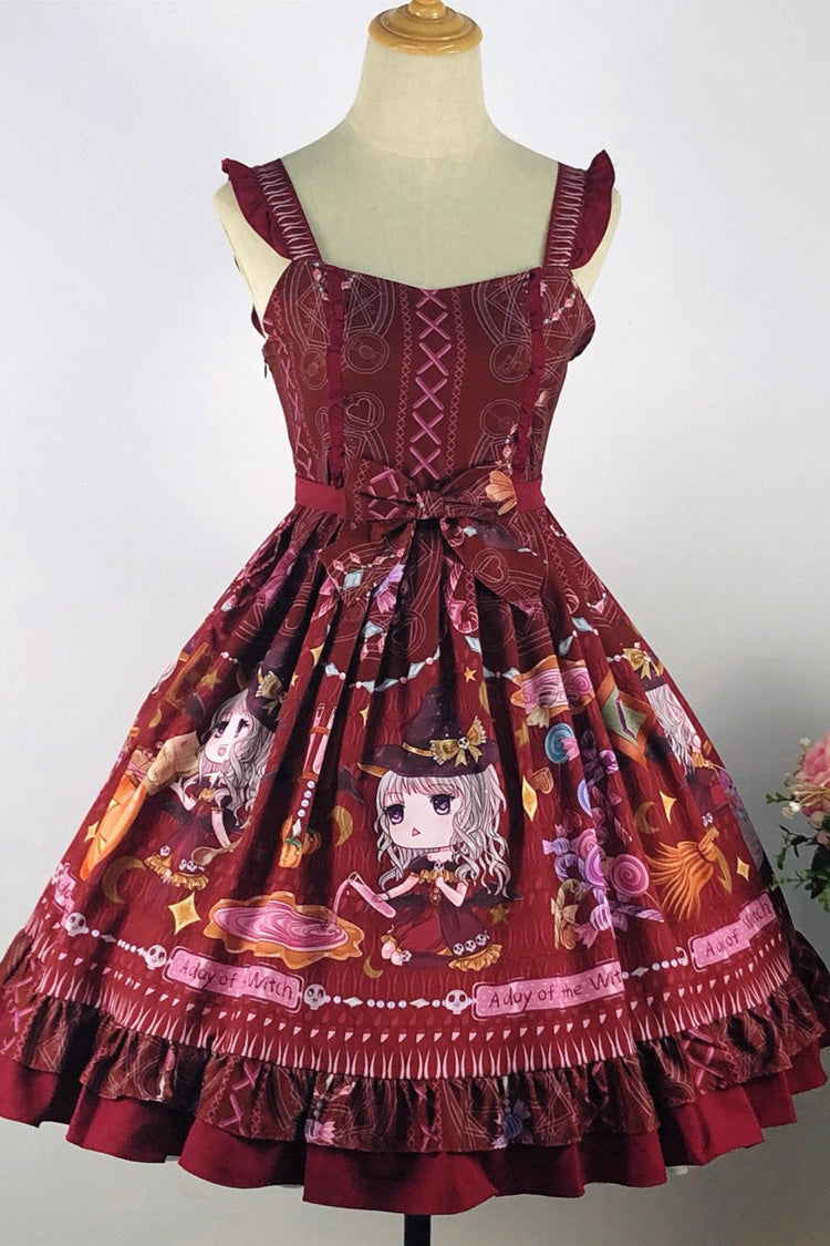 Red Little Witch Sleeveless Print Ruffle Bowknot Sweet Elegant Lolita Jsk Dress