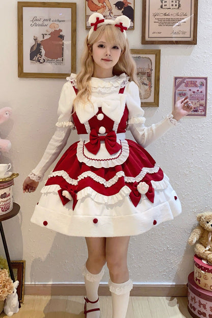 Sweet Lolita Cream Snow Cat Winter Ruffle Bowknot JSK Dress