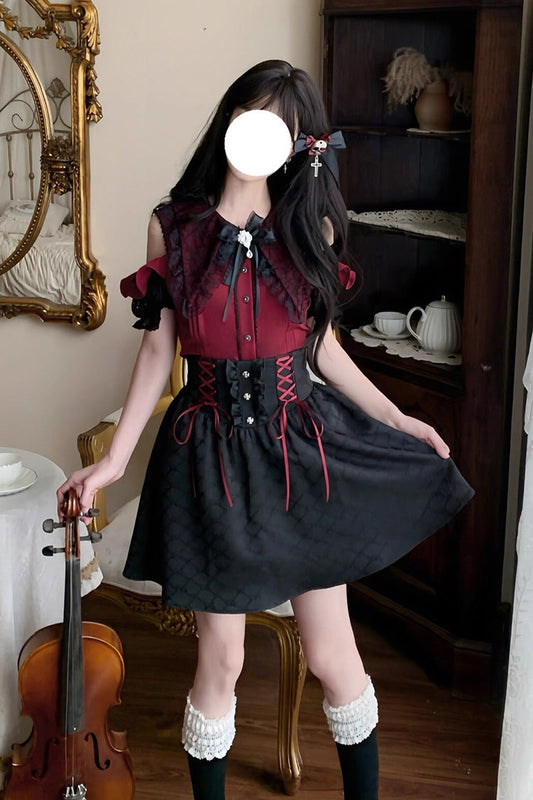 Overture to the Dead Off-Shoulder Jirai Kei Skirt Set - Noir