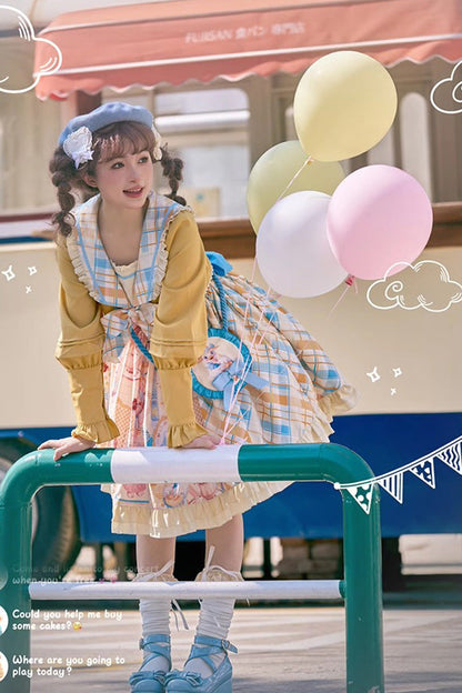 Cat Holiday Print Ruffle Bow Two-Piece Illusion Sweet Lolita Gown in Yellow Pink