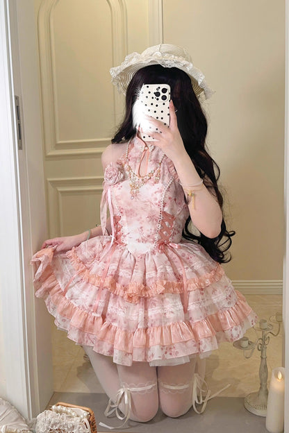 Peach Moon Bamboo Halterneck Print Ruffle Dress - Chinese Lolita Style