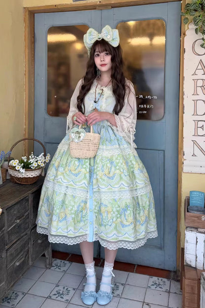 Blue Green Lily of the Valley Perfume Pearl Candy Tea Doll Collar Sleeveless Print Lace Plus Sweet Lolita JSK
