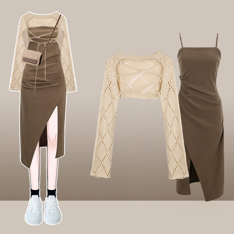 Split Shirt Dress Slip Ruffled Hollow Out Crochet