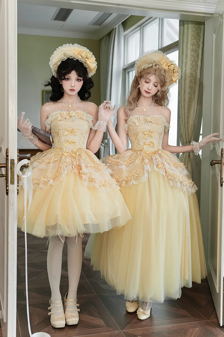 Sissi's Pilgrimage Off Shoulder Ruffle Bow Lace Sweet Lolita Long Skirt in Yellow