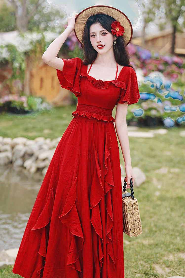 Red Square Collar Halter Short Sleeves High Waist Ruffle Gothic Vintage Lolita Long Skirt Set
