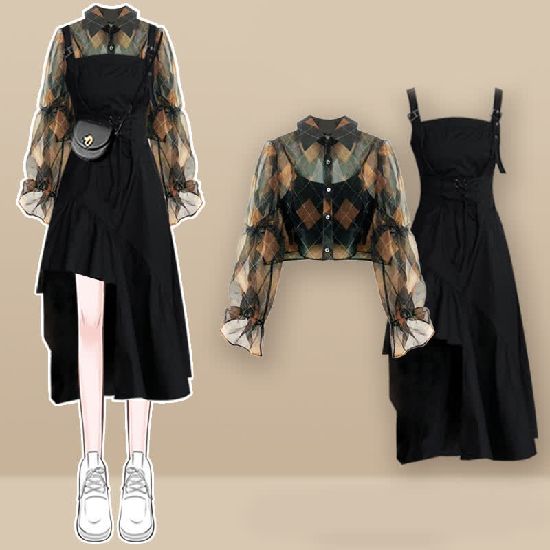 Print Slip Shirt Lapel Dress Fishtail Rhombus Tulle