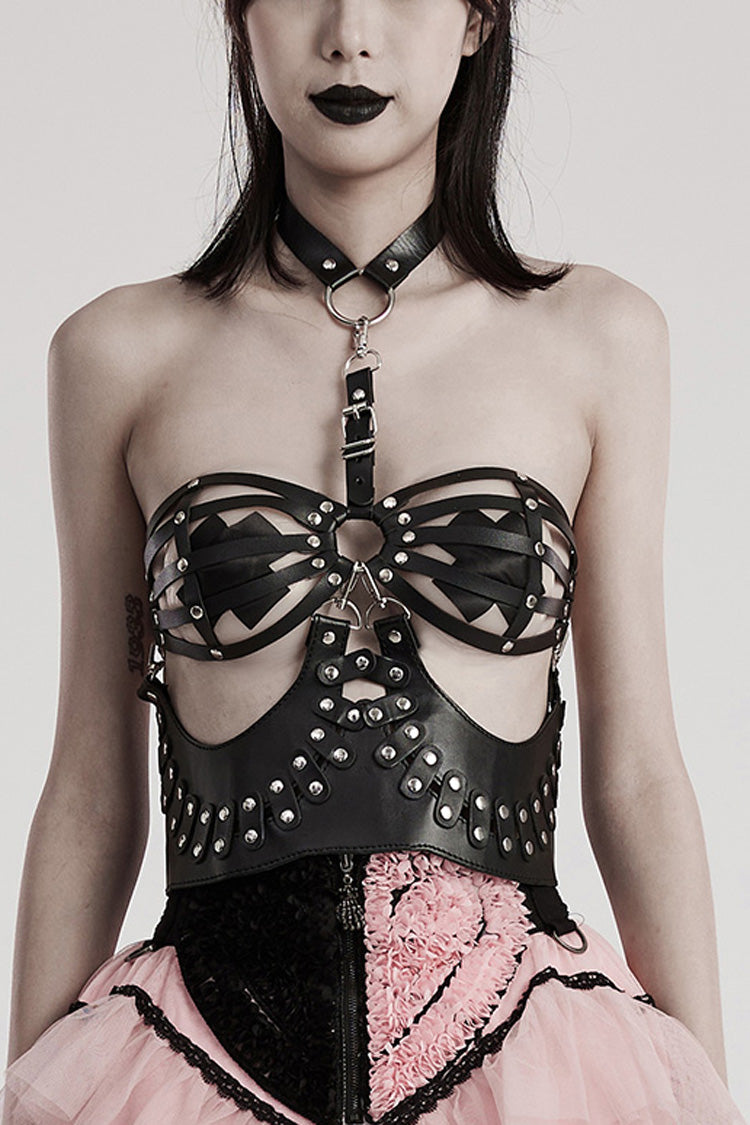 Detachable Steampunk Lingerie with Hollow Lace-Up in Black Faux Leather