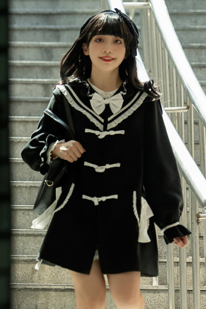 Sweet Lolita Coat with Lantern Sleeves Suit Collar and Back Bow Horn Button