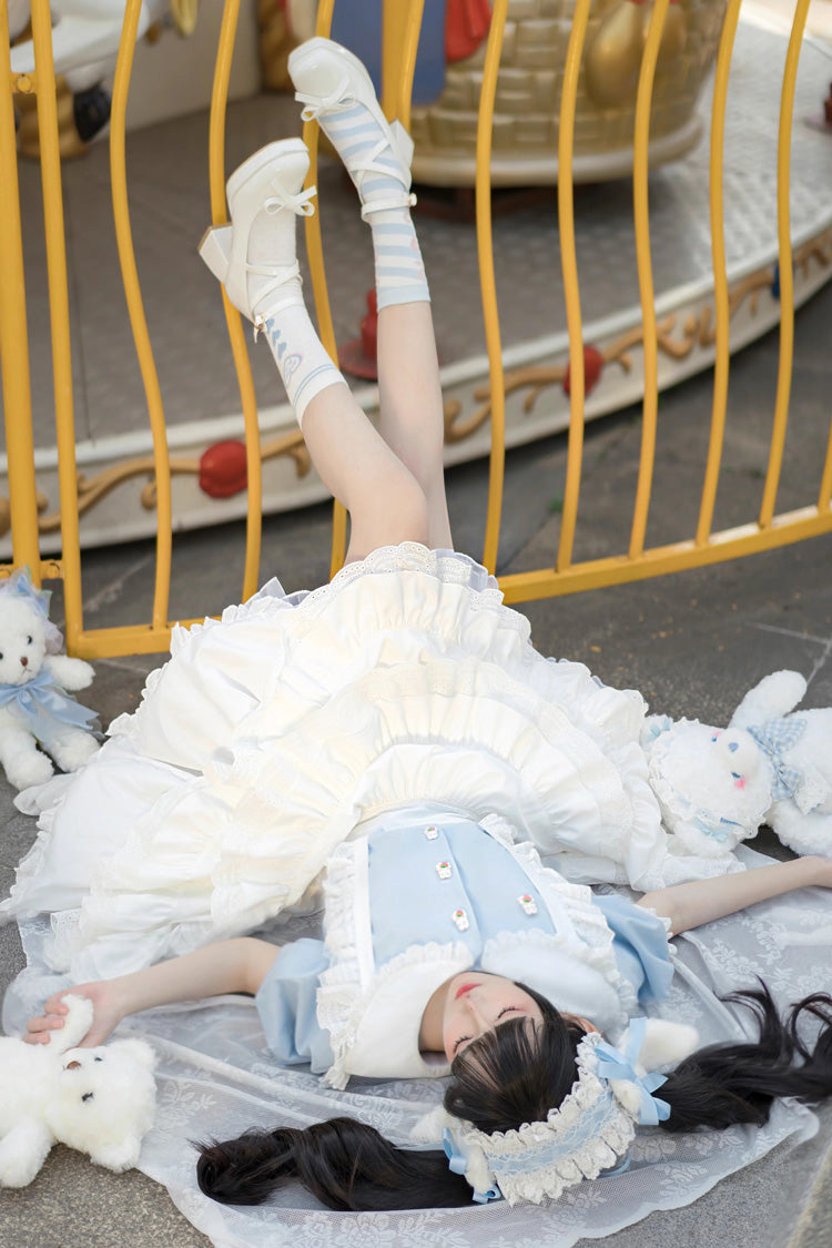 White and Blue Doll-Collar Short-Sleeved Multi-Layer Ruffled Sweet Princess Lolita Skirt Set