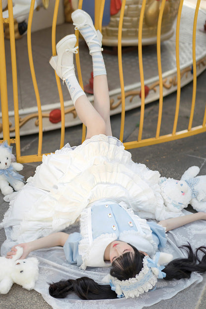 White and Blue Doll-Collar Short-Sleeved Multi-Layer Ruffled Sweet Princess Lolita Skirt Set