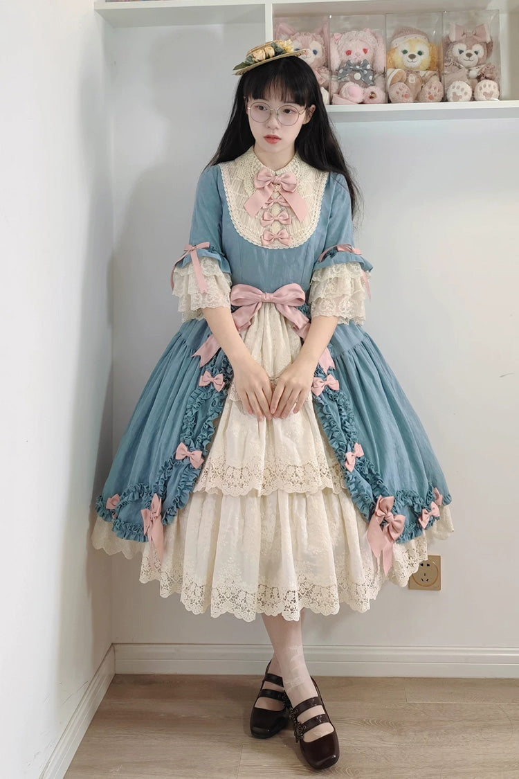 Lapel Short Trumpet Sleeve Ruffled Open Bow Lace Elegant Luxurious Lolita Dress