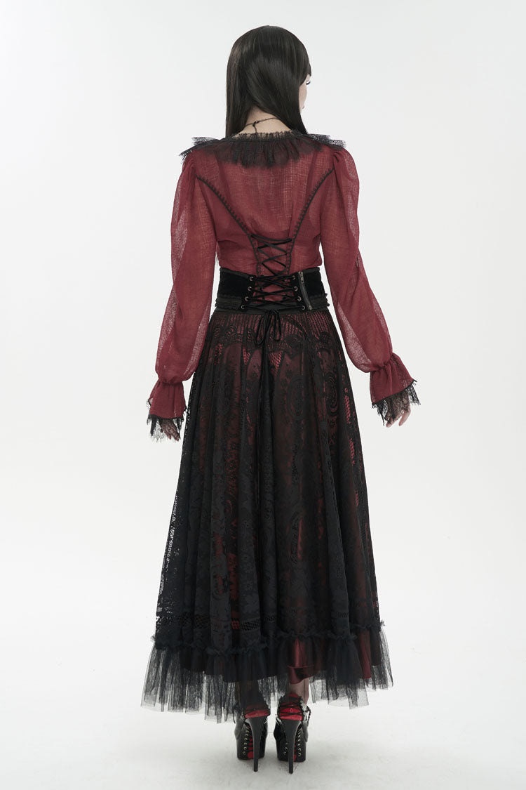 Crimson Slim Waist Tartan Stitched Layered Lace Long Sleeve Goth Shirt