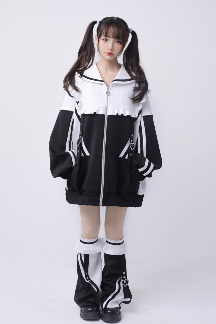 Ruffle Color Block Zipper Coat Three Shades