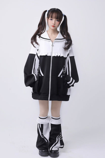 Ruffle Color Block Zipper Coat Three Shades