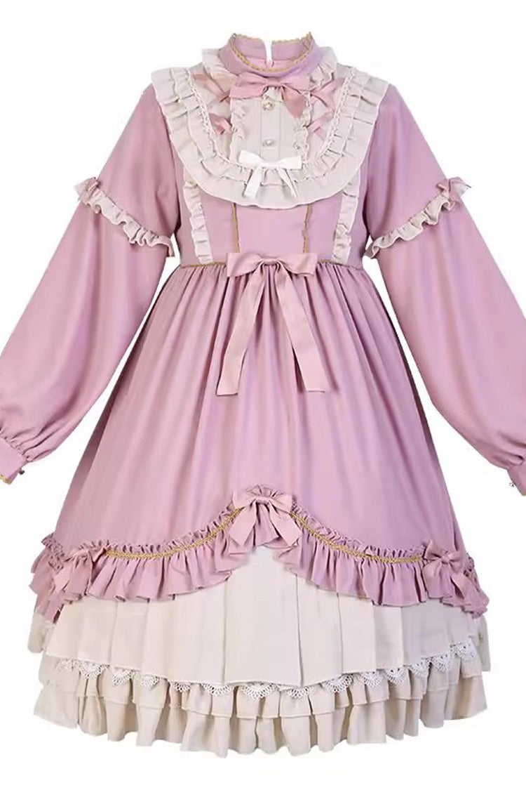 Pink Long Sleeves Ruffle Bow Daily Sweet Princess Lolita Dress