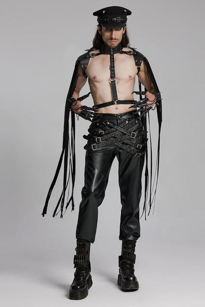 Punk Trousers with Buckle Straps and Mesh Accents