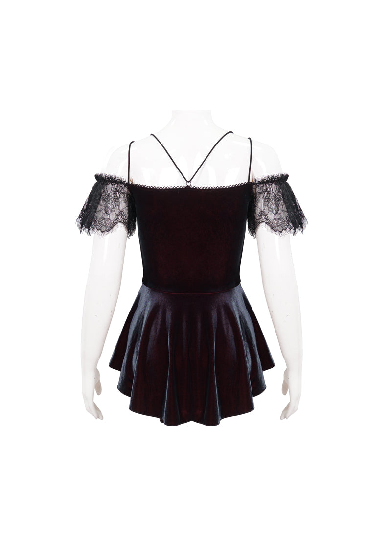 Crimson Stretch Velvet Eyelash Lace Short Sleeve One-Shoulder Goth Strap Tee