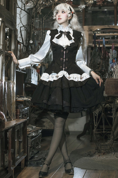 Black White Gothic Lace Vest Skirt Set
