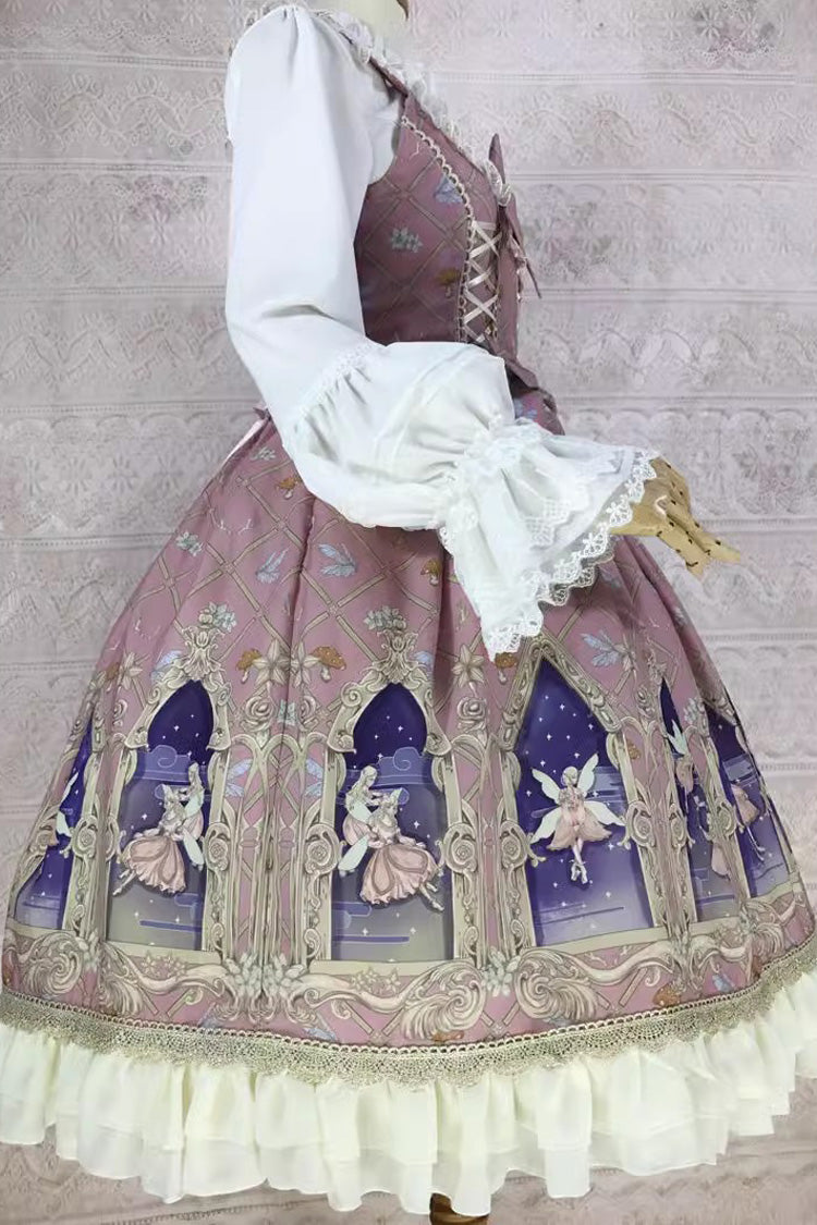 Dream Elf Print Ruffle Bowknot Jsk Dress - Sweet Lolita