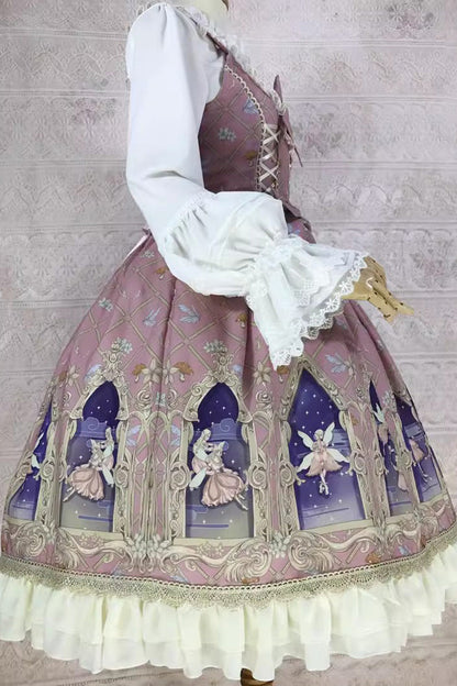 Dream Elf Print Ruffle Bowknot Jsk Dress - Sweet Lolita