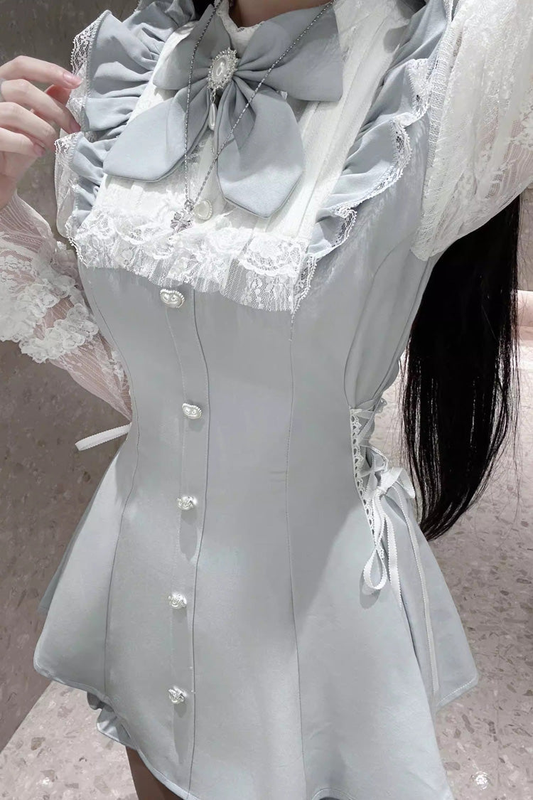 Stand Collar Long Sleeves Ruffled Bow Lace Sweet Japanese Dress Shorts Set