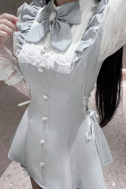 Stand Collar Long Sleeves Ruffled Bow Lace Sweet Japanese Dress Shorts Set
