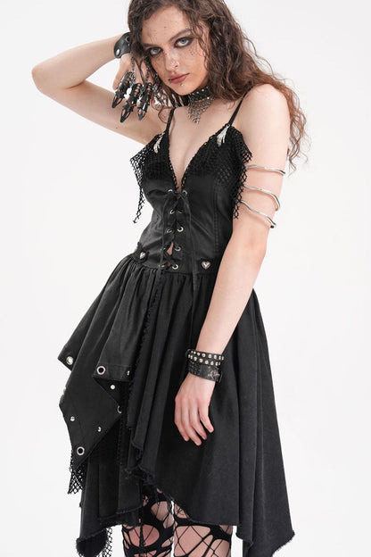Mesh Panel Irregular Gothic Slip Dress in Black - NoirEdge