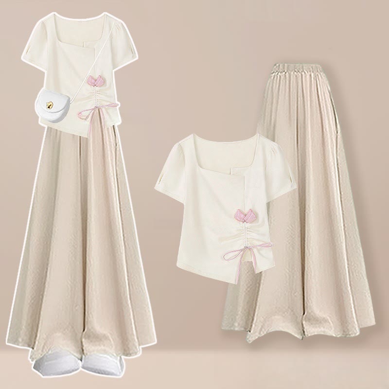Pantskirt T-shirt Drawstring Two Wide Pieces Flower Leg Set
