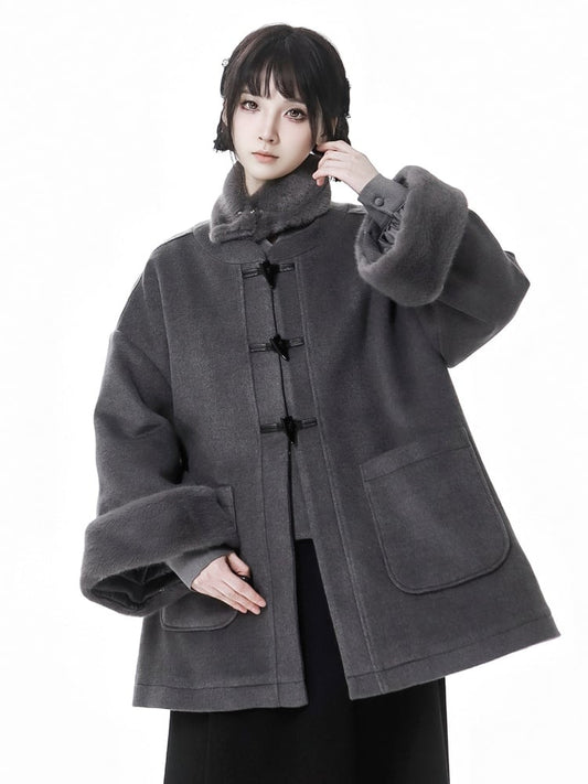 Gray Baggy Long Sleeves Plush Cuff Duffle Coat