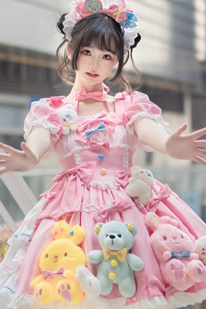 Pink Square-Collar Printed Doll Party Detachable-Sleeved Ruffled Bow-Trim Sweet Princess Lolita Dress
