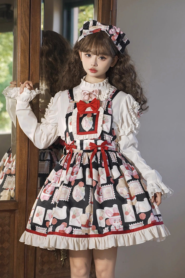 Letter from Showa Rabbit and Letter Print Ruffle Bowknot Sweet Princess Lolita Strap Dress