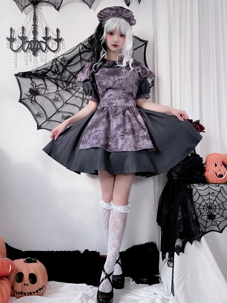 Halloween Costume Dark Maid Black Dress with Purple Apron