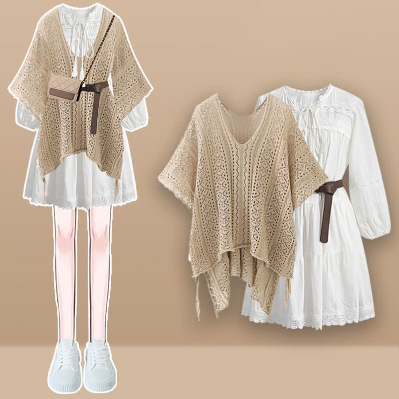 Boho Split Crochet Tassel Out Shirt Dress Hollow Belted