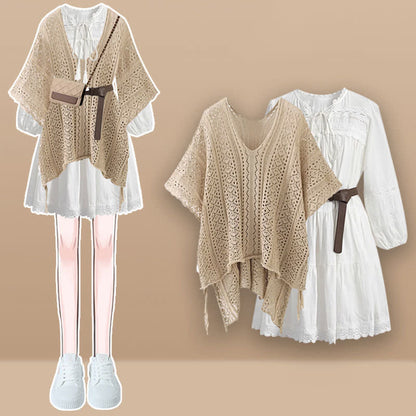 Boho Split Crochet Tassel Out Shirt Dress Hollow Belted