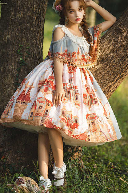 European Architecture Oil Painting Off-Shoulder Ribbon Lolita Dress