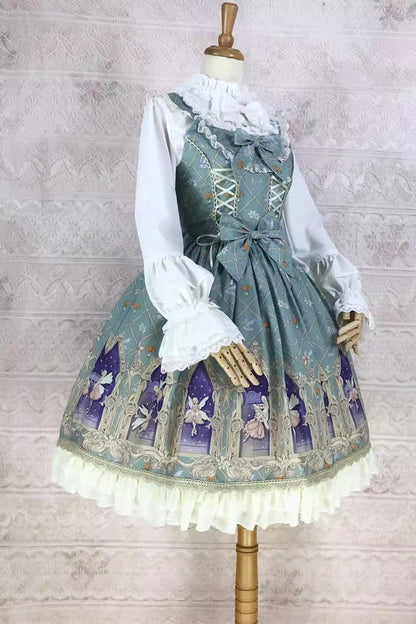 Dream Elf Print Ruffle Bowknot Jsk Dress - Sweet Lolita