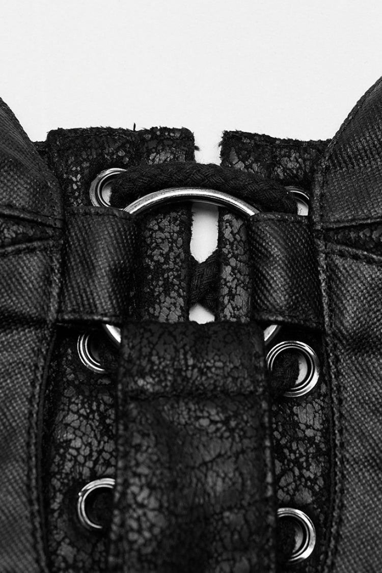 Gothic Corset with Hollow Metal Ring Lace in Black Faux Leather for Women