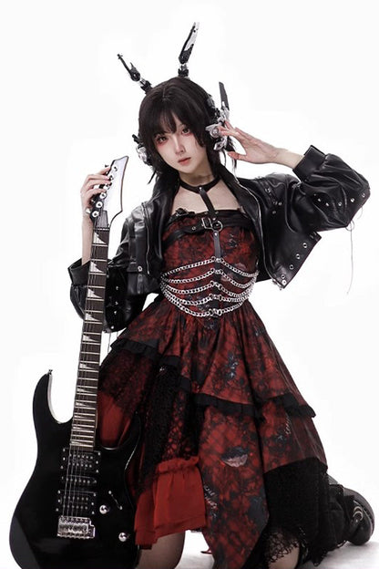 Sleeveless Printed Gothic JSK Dress with Asymmetric Ruffled Lace - Strawberries of Blood and Tears