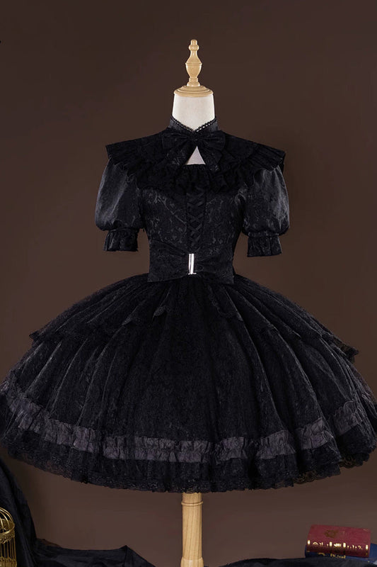 Gothic Lolita Jacquard Bow Lace-Up Short-Sleeve Dress Set Gardener Style