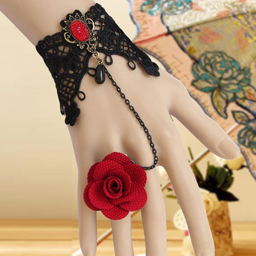Vintage Rose Black Lace Pearl Band Ring Gothic Lolita Bracelet