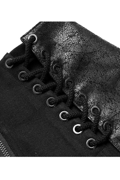 High Waist Punk Skirt with Cross Strap and Metal Zipper in Black Faux Leather