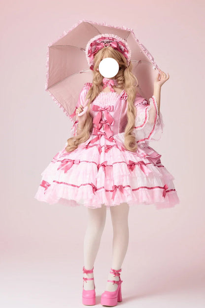 Rose Velvet Cake Long Trumpet Sleeves Multi Ruffle Bow Lace Sweet Lolita Dress