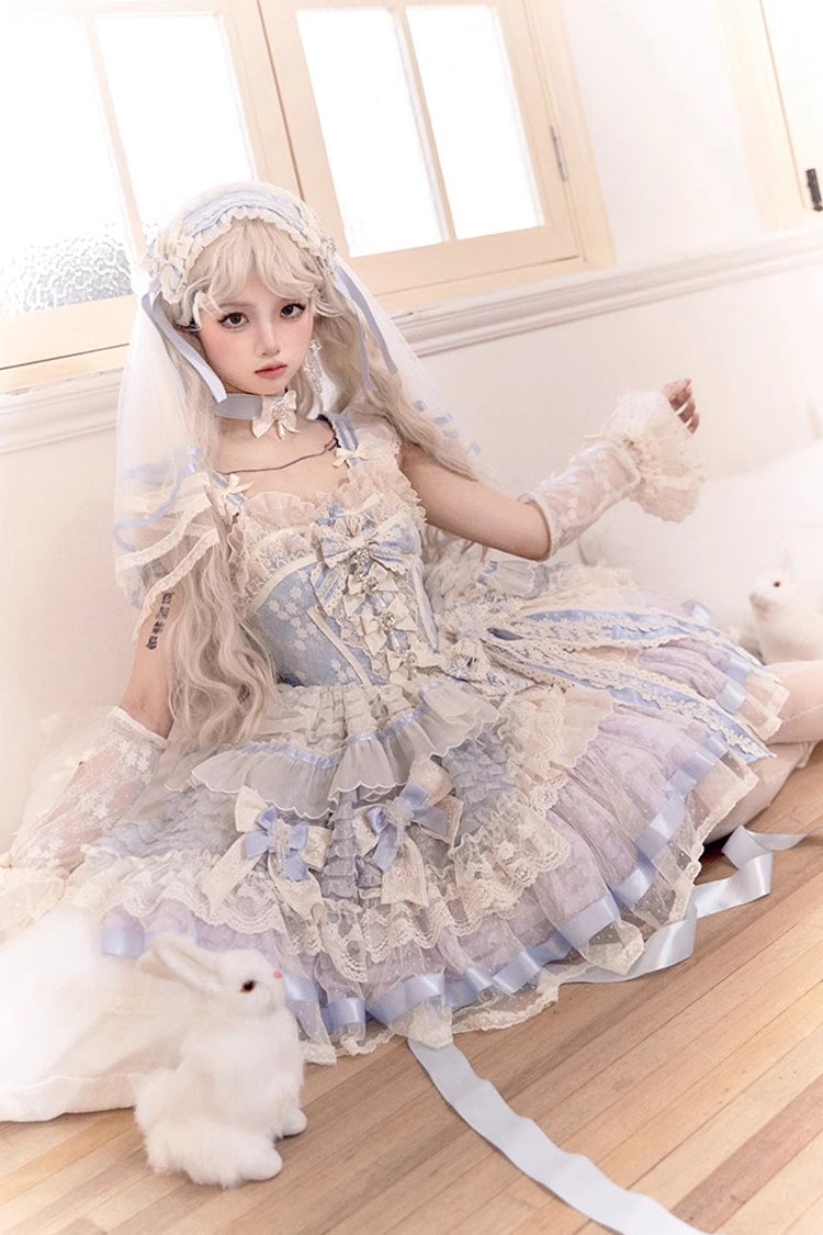 Sleeveless Embroidered Lace Dress with Fishbone Ruffle and Bow