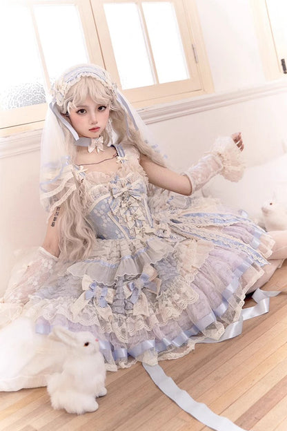 Sleeveless Embroidered Lace Dress with Fishbone Ruffle and Bow