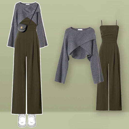 Color Overalls Pure Cross Chic Sweater Set